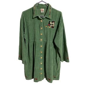 VTG Disney Womens Shirt Dress Size XL Mickey Minnie Mouse Corduroy Jumper Green